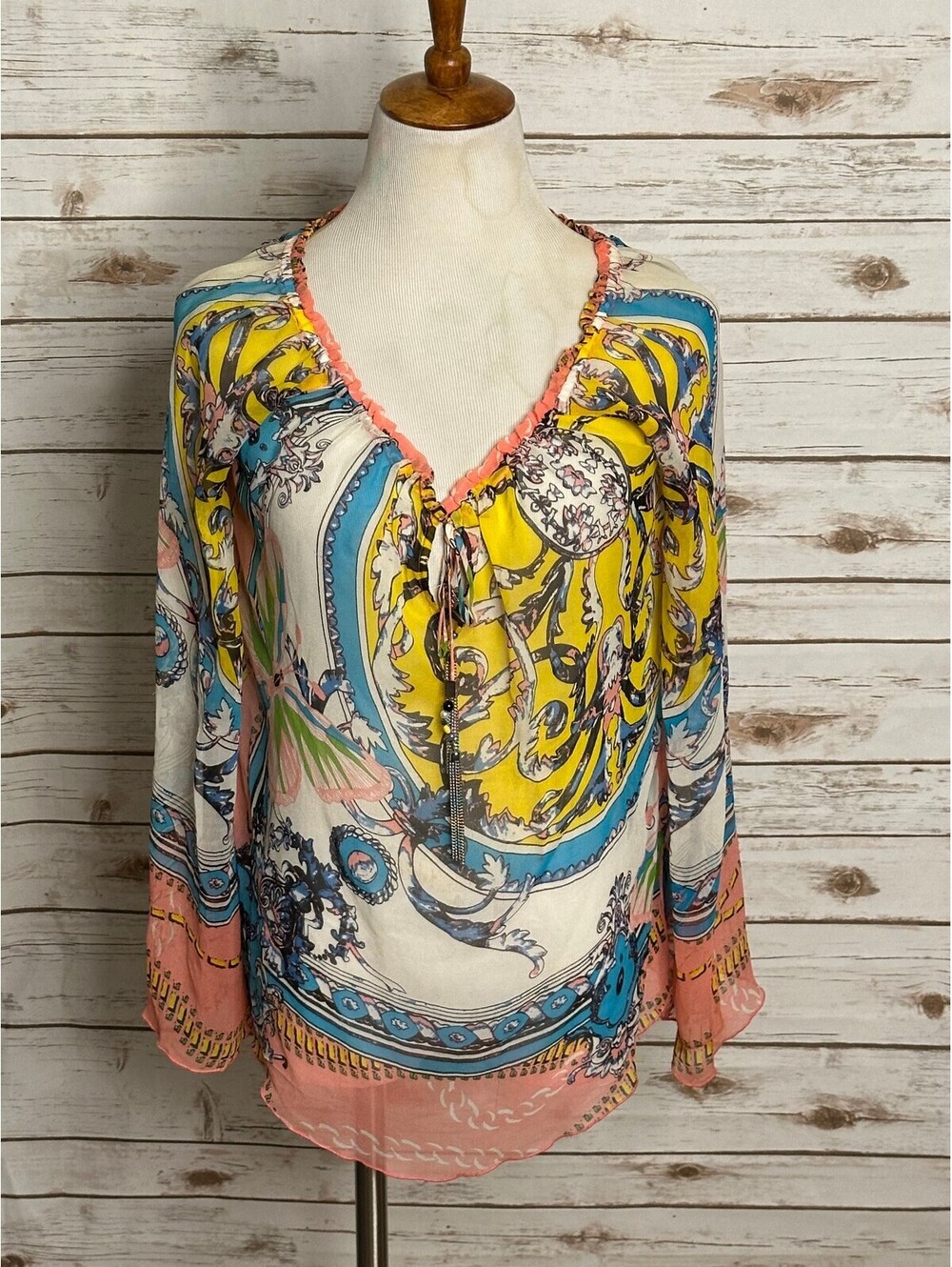 Hale Bob multicolored mixed pattern long sleeve V-neck tie silk blouse Small